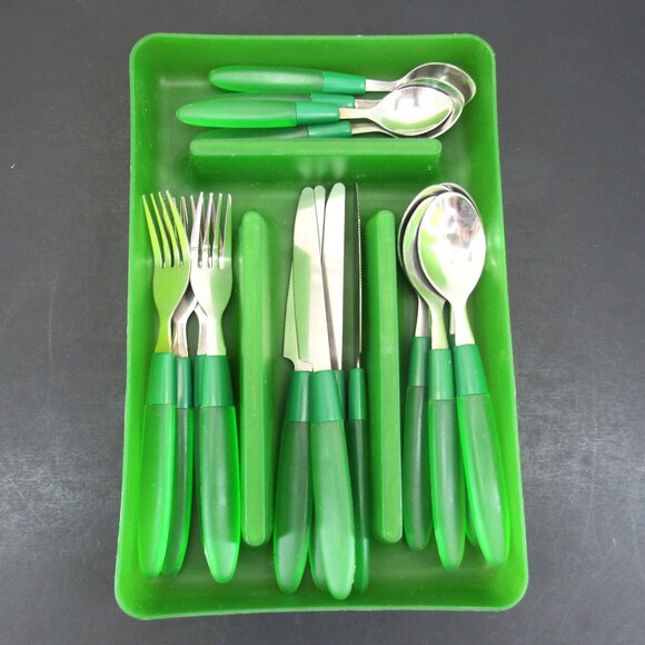 Flatware Set of 16 Pieces Green Lucite Handle and Stainless Steel w/Green Tray - Picture 1 of 8